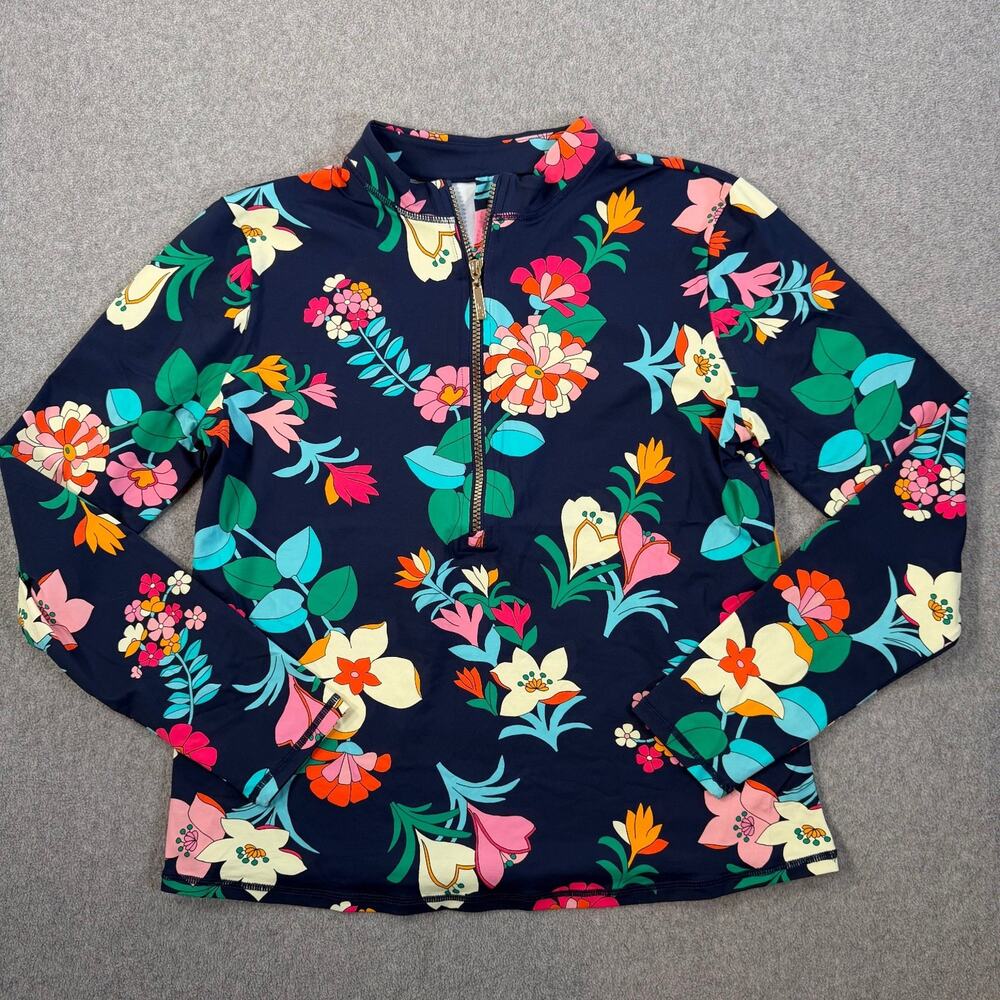 LOFT Women's Large Navy Blue Floral Long Sleeve 1/4 Zip Rash Guard Swim Top